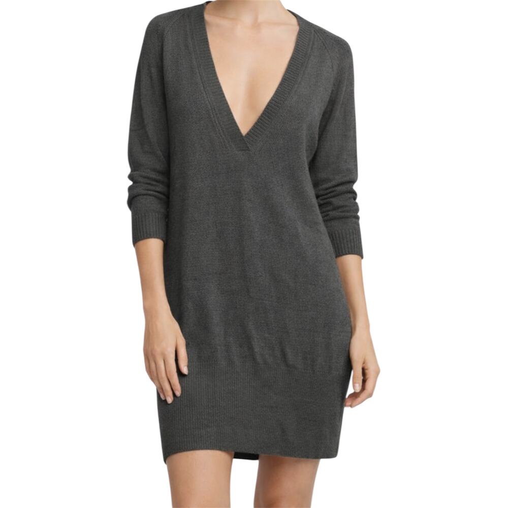 Sarah Pacini Sweater Dress Long Sleeve Deep V-Neck Knit Pullover Gray One Size